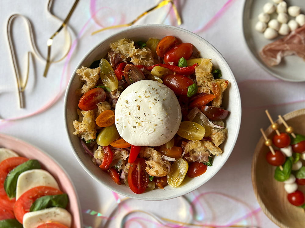 Panzanella salad with burrata cheese