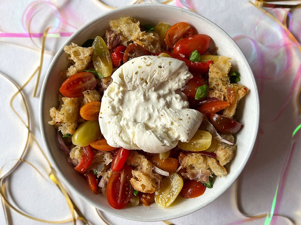 Panzanella salad with burrata cheese