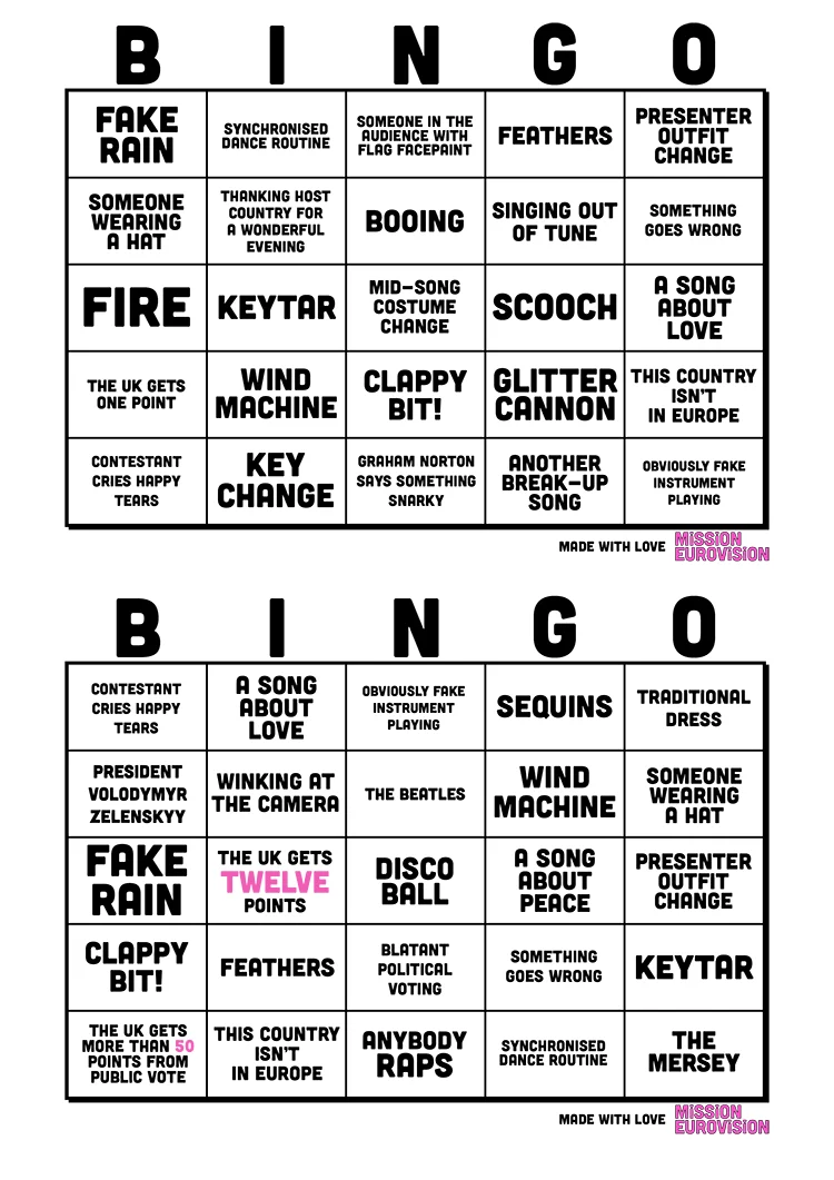 Mission Eurovision's 2023 Bingo Sheet 1