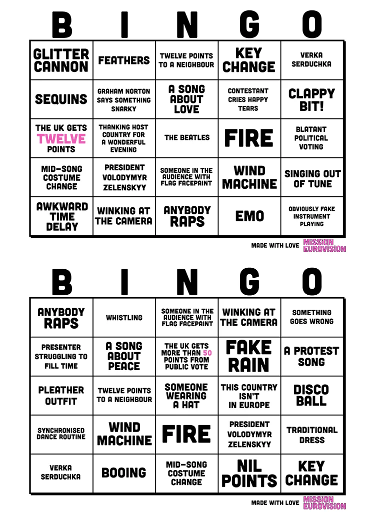 Mission Eurovision's 2023 Bingo Sheet 2