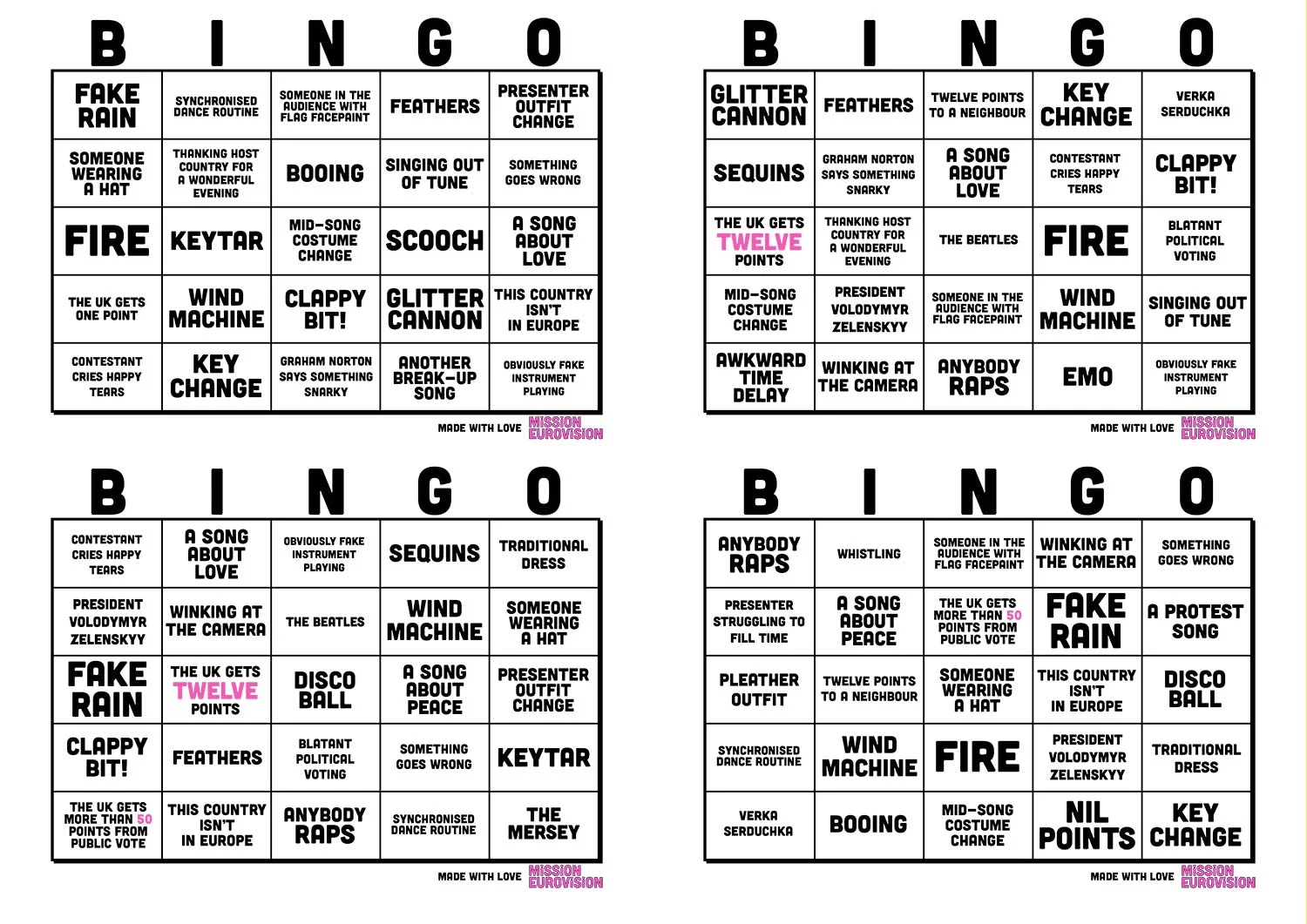 Mission Eurovision bingo cards