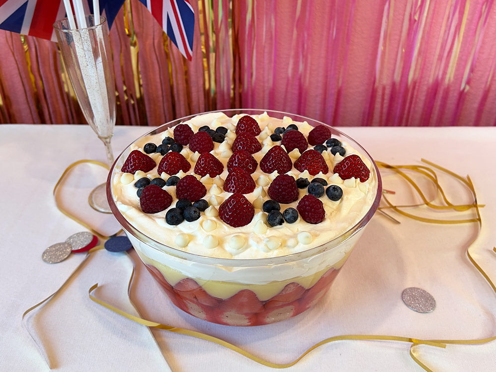 Strawberry trifle with berry Union Jack decoration