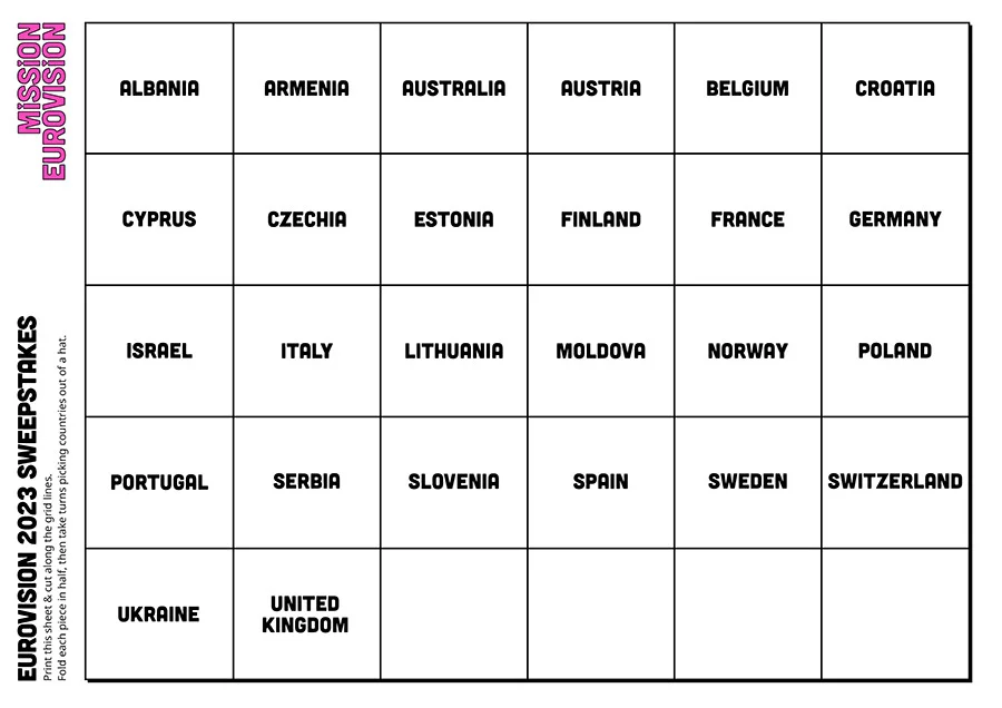Eurovision 2023 sweepstake sheet for the grand final