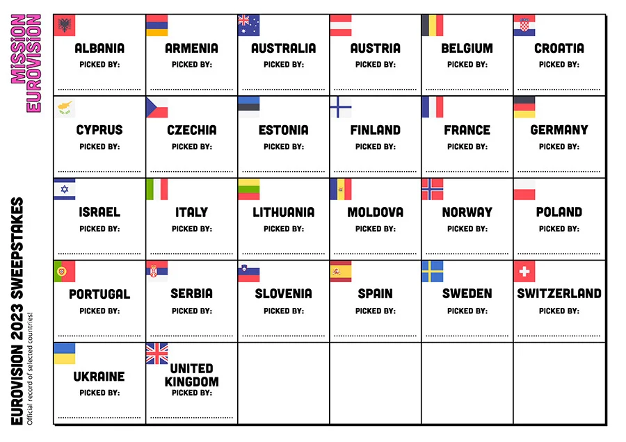 Eurovision 2023 sweepstake sheet for the grand final
