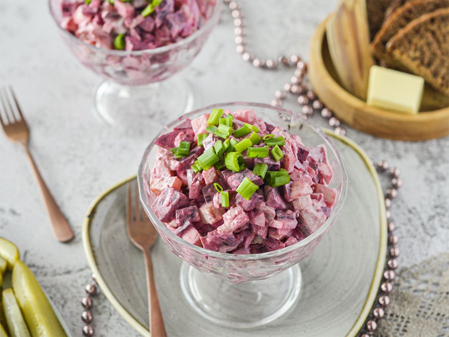A delightfully purple Estonian beet herring and potato salad