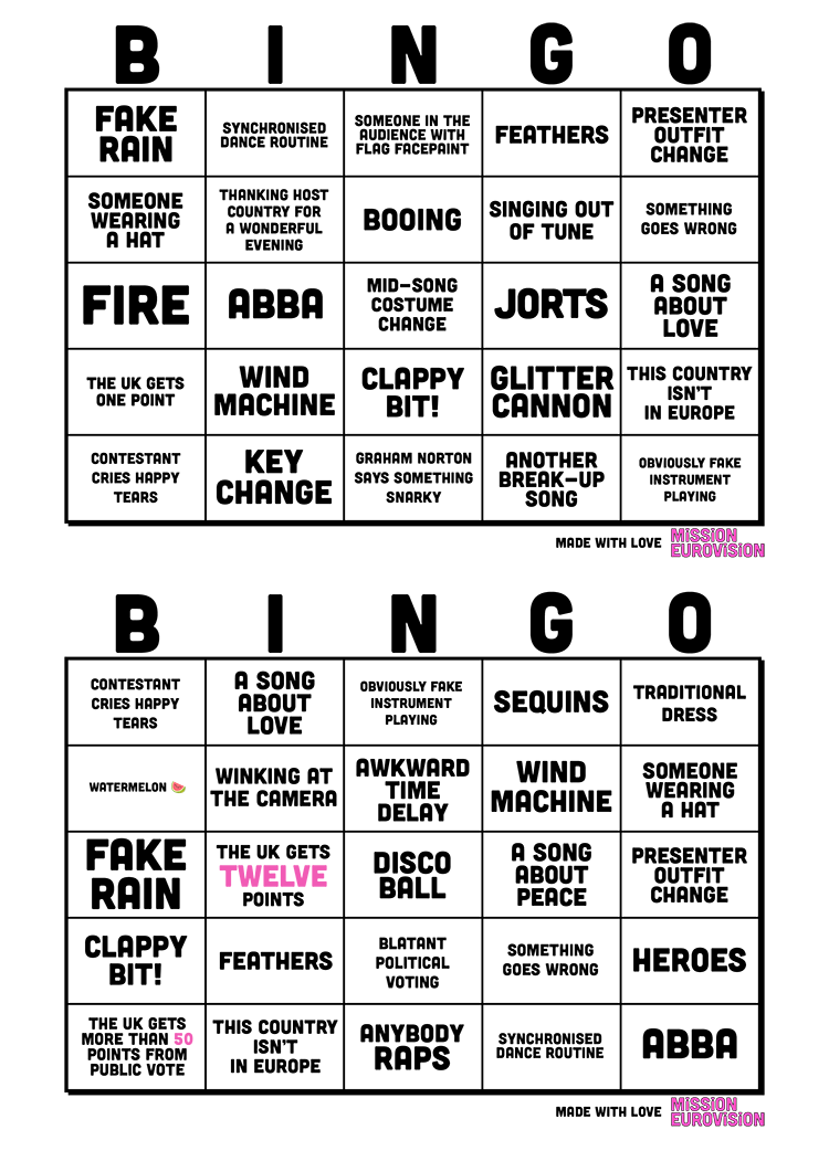 Eurovision 2024 Bingo sheet 1