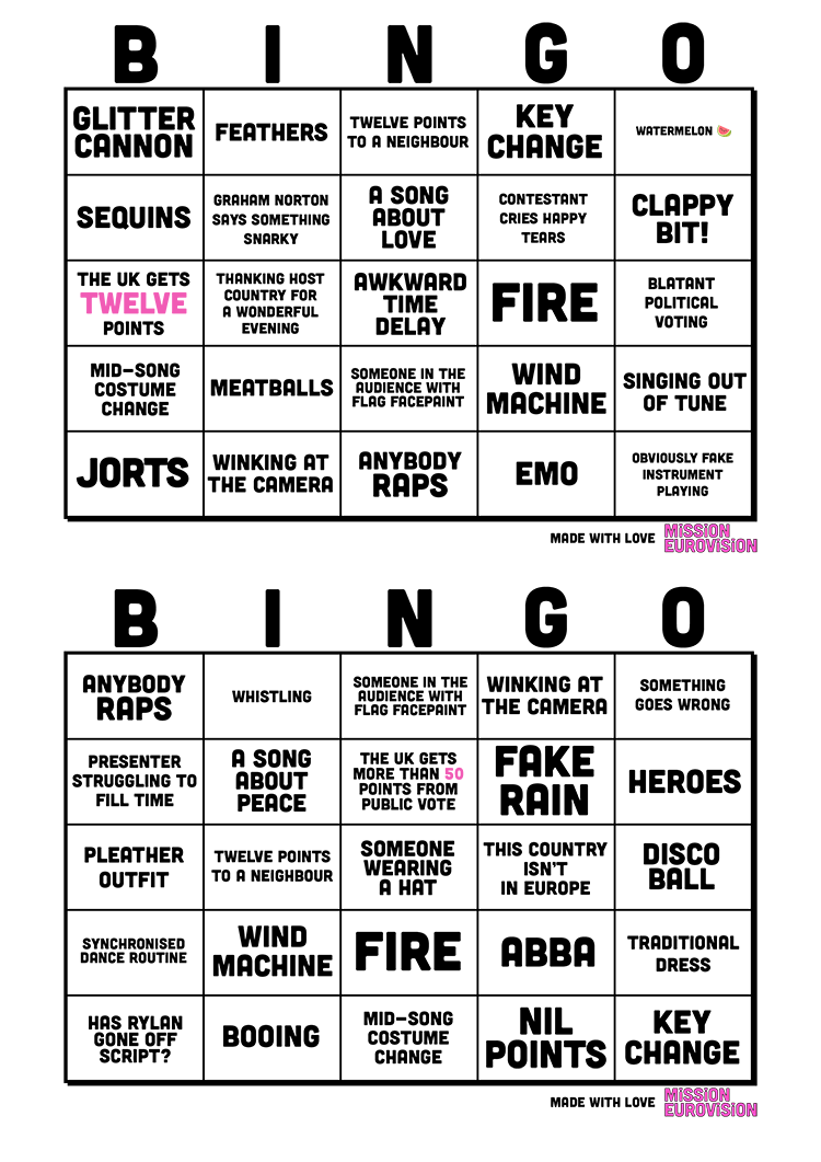Eurovision 2024 Bingo sheet 2
