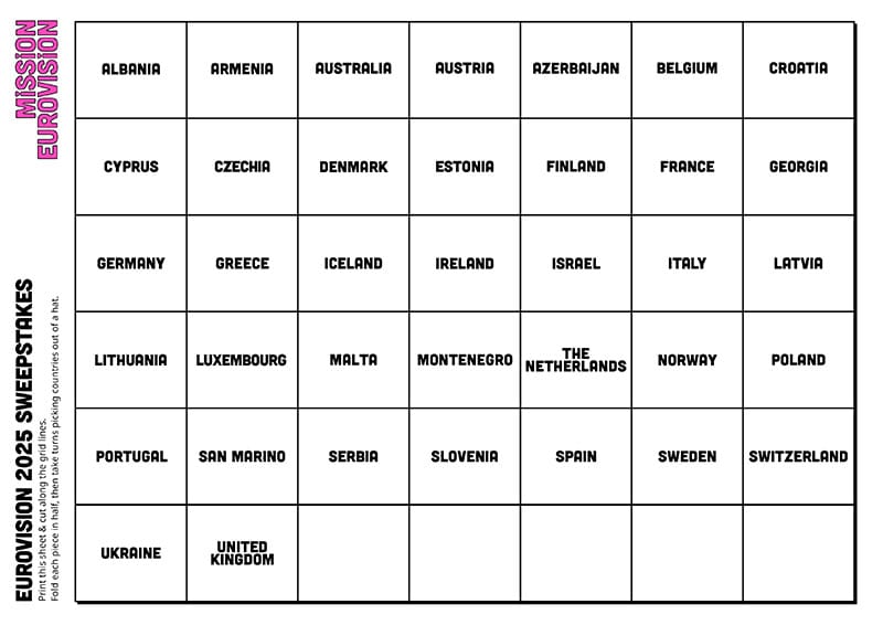 The front sheet of our 2025 Eurovision sweepstakes sheet featuring all 37 countries