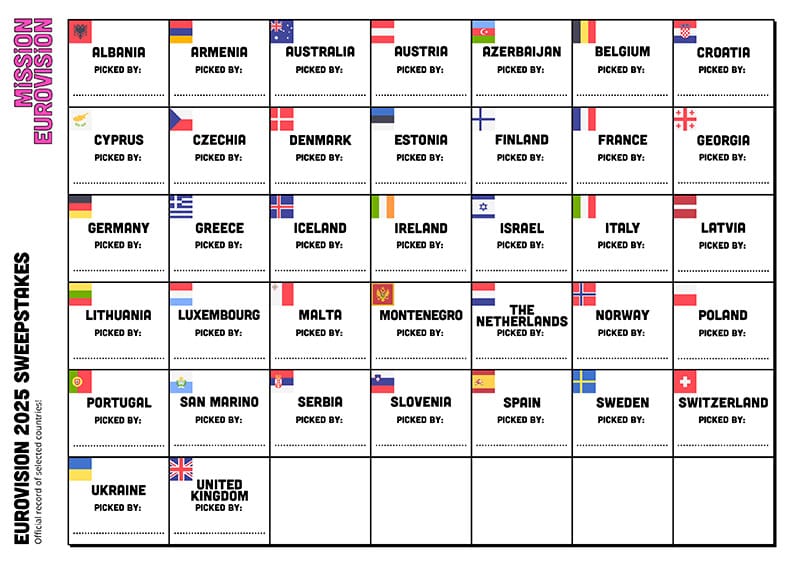 The second sheet of our 2025 Eurovision sweepstakes featuring all 37 countries