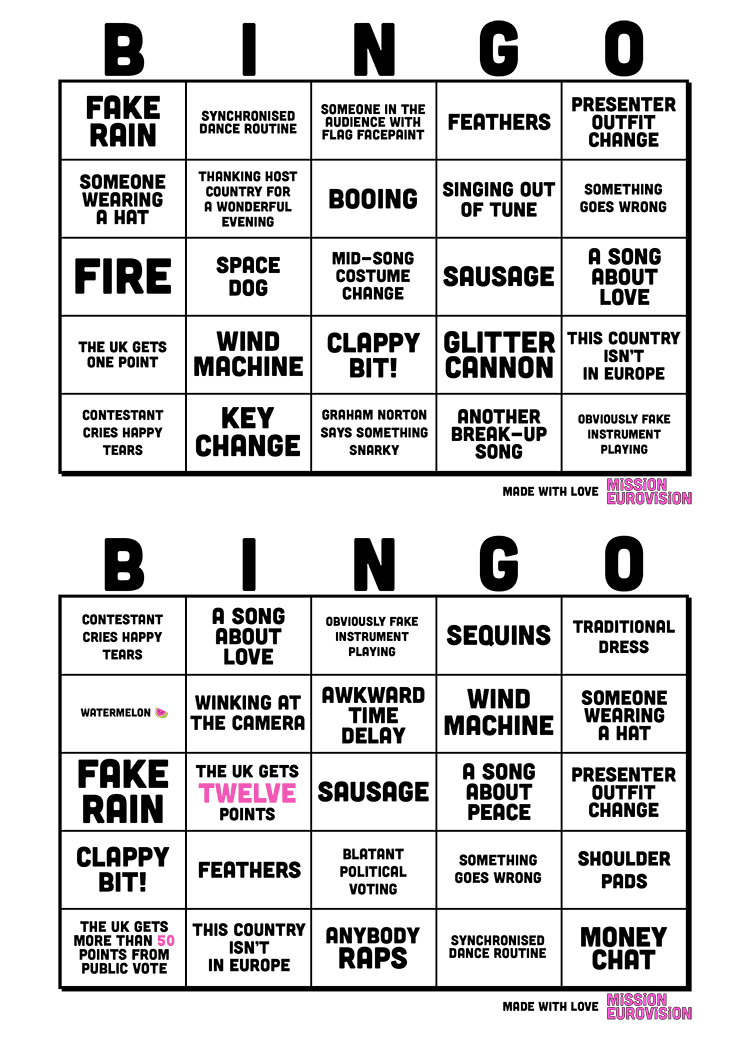 Eurovision 2025 Bingo sheet 1