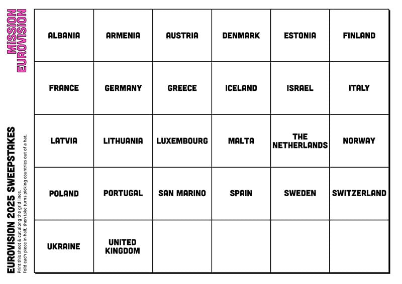 Eurovision 2025 Grand Final sweepstakes sheet 1