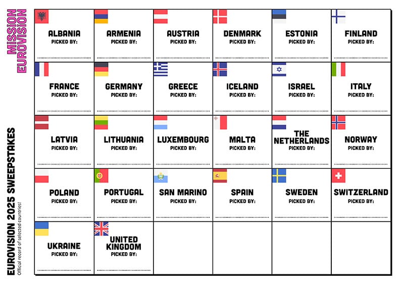 Eurovision 2025 Grand Final sweepstakes sheet 2